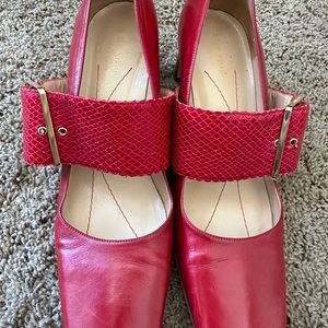 Kate Spade red 2” heels with great detail, square toe